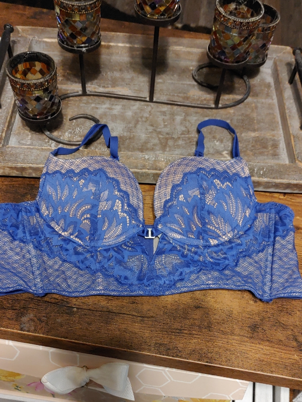 Sexy 36A Adore Me Blue Lace Lined Padded Underwire Long line Push Up Bra